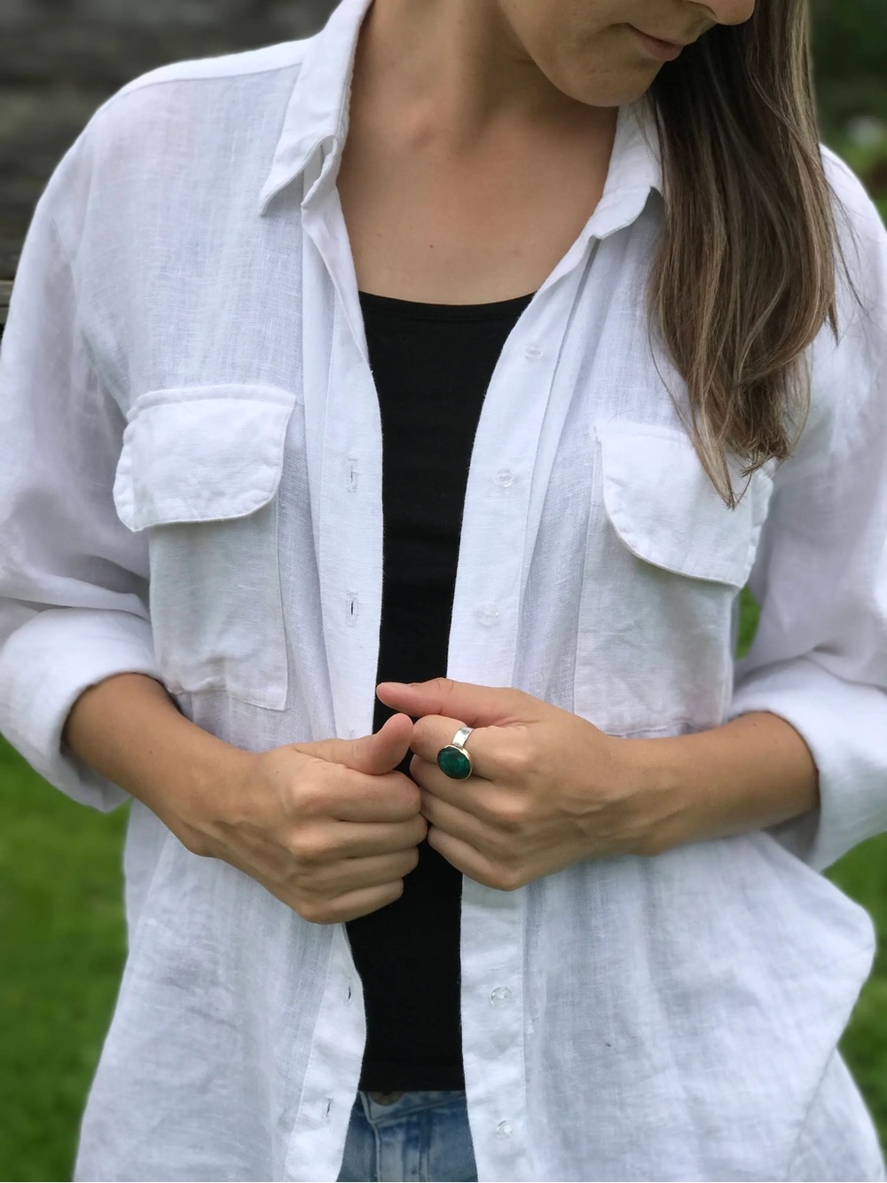 CAbi White Linen Button-Down Shirt with Chest Pockets